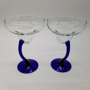 Libbeys Glasses Cobalt Blue Swerve Curved Stem 7" Clear Margarita 13 oz